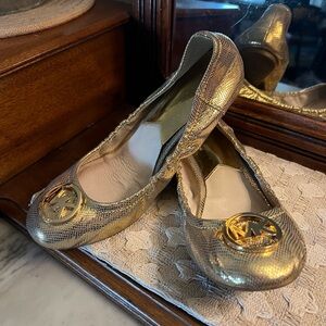 MICHAEL KORS Classic Fulton Python Embossed Ballet Flats Gold Metallic Wms Sz 8‎